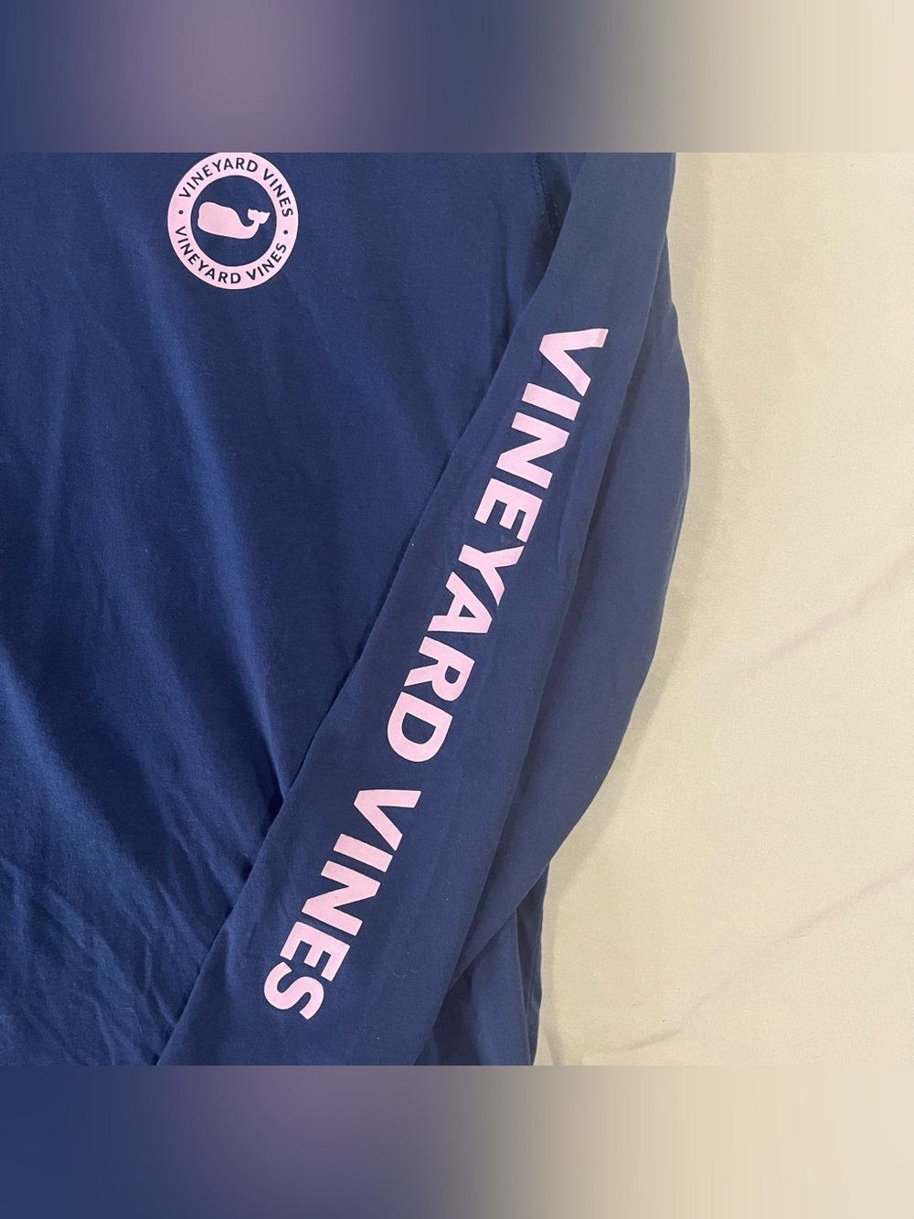 Vineyard Vines Navy Hooded Long Sleeve with Pink Logo and Sleeve Text - Picture 2 of 5
